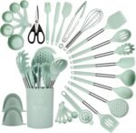 QMVESS Silicone Cooking Utensils Set, 28 Pcs Non-Stick Kitchen Utensils Set with Holder, 446°F Heat Resistant Spatula, Tongs, Spoons Set with Stainless Steel Handle Kitchen Gadgets (Light Green) - Image 2