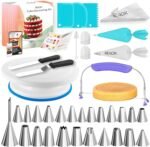 RFAQK 90PCs Cake Decorating Kit with Leveler, Baking Supplies Gift Includes Cake Stand Turntable, 24 Numbered Icing Tips, 55+1 Piping Bags, 2 Frosting Spatulas, 5 Scrappers, Video Course & Booklet - Image 2