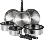 ROYDX 20pcs Tri-Ply Stainless Steel Cookware Set, 18/10 Stainless Steel Pots and Pans Set with Detachable Handle Cookware Set, PFOA Free, for All Stoves, Space Saving Induction Oven Safe - Image 2