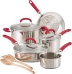 Rachael Ray Create Delicious Stainless Steel Cookware Set, 10-Piece Pots and Pans Set, Stainless Steel with Red Handles - Image 2