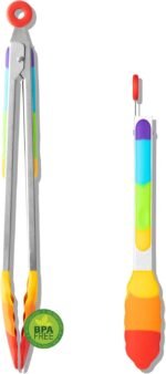 Rainbow Silicone Tongs for Cooking, Heat Resistant Kitchen Tongs for Salad, Grilling, Cooking, 304 Stainless Steel Locking and BPA Free Silicone Tips Set of 2, 9 and 12 Inch - Image 2