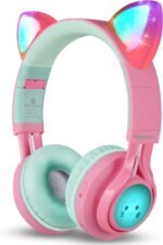 Riwbox CT-7 Cat Ear Bluetooth Headphones, LED Light Up Bluetooth Wireless Over Ear Headphones with Microphone and Volume Control for Travel/School/Smartphones/Laptop/PC/TV (Pink&Green) - Image 2