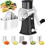 Rotary Cheese Grater Shredder 5-in-1 Tumbling Box Mandoline Vegetable Julienne Slicer Waffle Cutter Nut Chopper, Black - Image 2