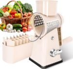 Rotary Cheese Grater with 5 Well-designed Blades & Strong Suction Base, Kitchen Mandoline Vegetable Slicer with Blade Storage Box(Off-white) - Image 2