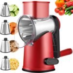 Rotary Cheese Graters with 4 Blades, Hand Crank Cheese Grater with Waffle Slicer, Red, Black and White Cheese Shredder with Suction Base, Easier for Shredding & Grating (Red, 4 Graters) - Image 2