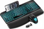 SABLUTE Wireless Keyboard and Mouse Combo - Ergonomic Wave Keyboard with Soft Leather Wrist Rest, Phone Holder, Rechargeable, RGB Backlit Mouse, Full-Size Set for Windows/Mac/Computer (Black) - Image 2