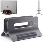 SODI Vertical Laptop Stand for Desk, Gravity Auto Lock MacBook Stand, Aluminum Laptop Holder Vertical Compatible with MacBook Pro, Air, Tablet, Space-Saving Organize Work & Home Office, Gray - Image 2