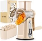 SUSTEAS Rotary Cheese Grater with Handle - Vegetable Shredder with 5 Well-designed Blades & Strong Suction Base,Round Mandoline Slicer & Food Chopper for Kitchen,with Blade Storage Box(Beige) - Image 2