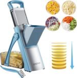 Safe Mandoline Slicer for Kitchen, 6 in 1 Vegetable Chopper, French Fry Cutter For Potatoes, Potato Slicer,Food Chopper,Adjustable Thickness 0.1-8 mm, With Peeler/Cleaning Brush (Blue) - Image 2