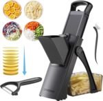 Safe Mandoline Slicer for Kitchen, 6 in 1 Vegetable Chopper, French Fry Cutter For Potatoes, Potato Slicer,Food Chopper,Adjustable Thickness 0.1-8 mm, With Peeler/Cleaning Brush (Gray) - Image 2