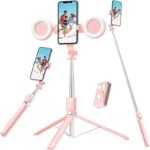 Selfie Stick Tripod with Fill Light, Phone Selfie Stick,Durable Stainless Steel Design,Bluetooth Remote Control,and Stable Three-Legged Support for Live Broadcasts,Video Shooting (Pink) - Image 2