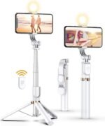 Selfie Stick Tripod with Wireless Remote, 46'' Cellphone Selfie Stick Tripod with LED Fill Light, for iPhone 16/15/14/14 pro/13/13 Pro/12/11/11 Pro/XS Max/XS/XR/X/8/7 and Android Smartphone(Upgrade) - Image 2