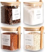 Set of 4 Square Glass Jar with Bamboo Lids and Spoons – Airtight 27 oz Borosilicate Glass Food Storage Contaienrs with 132 Kitchen Pantry Labels for Coffee, Tea, Sugar - Image 2