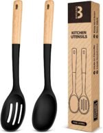 Silicone Cooking Spoons, Great for Scooping Sides and Serving Hearty Stews, BPA-Free Matte Silicone, Wooden Handle Serving Spoon for Nonstick Cooking Surfaces (Black) - Image 2