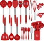 Silicone Cooking Utensil Set,Kitchen Utensils 26 Pcs Set,Non-stick Heat Resistant Silicone,Cookware with Stainless Steel Handle - Red - Image 2