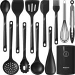 Silicone Cooking Utensils Set - 600°F Heat Resistant, Nonstick Kitchen Utensil Set with Spatulas, Spoons, Whisk, Tongs, BPA Free, Dishwasher Safe, Black - Image 2