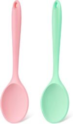 Silicone Mixing Spoons 2-Pack, 10.8" Large High Heat Resistant Nonstick Cooking spoon for Stirring, Mixing and Serving, Green & Pink Rubber Spoon. - Image 2