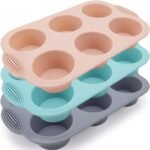 Silicone Muffin Pan - 6-Cavity Nonstick Baking Tray for Muffins, Cupcakes, Brownies and More - Food Grade and BPA Free - Pack of 3 Colors (Gray, Orange, Peacock Blue) - Image 2