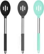 Silicone Slotted Cooking Spoon Set (13.2"), 3-Pack Large Stainless Steel Handle Non Stick Skimmer Spoon Heat Resistant 600°F, Ladle Strainers, Kitchen Utensils for Mixing Draining Frying - Image 2