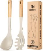Silicone Soup Ladle and Spaghetti Spoon Set with Wooden Handle, Non Stick Heat Resistant Kitchen Utensils for Cooking, Stirring, Serving Pasta, Soup & Sauce(KHAKI) - Image 2