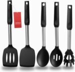 Silicone Spatula and Cooking Spoon,5 Pack Non-Stick Cooking Utensils for Kitchen，Heat Resistant Solid & Slotted Spoons and Spatulas, Stainless Steel Handle Coated with Silicone,Black - Image 2