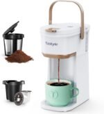 Single Serve One Cup Coffee Maker, for K Cups and Grounds, Mini Coffee Maker with Portable Handle, 6 to 12 Oz Brew Size, for Travel, Camping, Office, RV and Dorm, 120V, White and Brown - Image 2