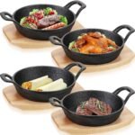 Sliner 4 Sets Mini Cast Iron Skillet Small Cast Iron Plates Skillet with Wooden Base Small Round Pan Fajita Plate Pot for Baking Cooking(7.9 Inches) - Image 2