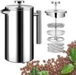 Small French Press Coffee Maker 1 Cup - 12oz/350ml Single Cup Metal French Press(1 Cup), Stainless Steel Double Wall Insulated Coffee & Tea Maker w/ 3 Extra Screens + 1 Spoon (Silver), Dishwasher Safe - Image 2