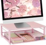 Small Pink Laptop Stand for Desk, Monitor Stand, Office Desk Accessories, Computer Desktop Stand with Drawer for Home, Office, School (Pink) - Image 2