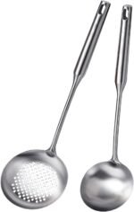 Soup Ladle and Slotted Spoon Set of 2, Metal 316 Stainless Steel Kitchen Ladles Food Strainer, Large Cooking Ladel and Fryer Scoop Kitchen Utensil Set for Stirring Serving Draining Frying - Image 2