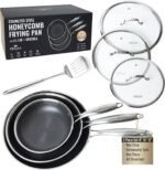 Stainless Steel Frying Pan Set, Sartenes de Acero Inoxidable 3-Piece Honeycomb Nonstick Skillets 8", 10", 12" With Lids, Spatula, Oven & Induction Compatible, Dishwasher Safe Pan Set - Image 2