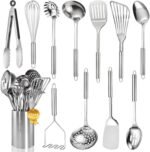 Stainless Steel Kitchen Utensils Set - 12pcs Cooking Utensils Set with Holder, Heat Resistant Kitchen Tool Set for Cooking with Turners, Potato Masher, Spatula, Spoons, Tongs, Whisk - Image 2