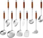 Stainless Steel Kitchen Utensils Set with Wood Handle, 18/10 Metal Cooking Utensils Set, 10 Piece - Spatula, Spoon, Ladle, Skimmer, Slotted Turners, Pasta,Turner, Ladl, Fork - Image 2