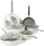 Sur La Table Kitchen Essentials 10 Piece PFA Free Non-Toxic Titanium Ceramic Nonstick Interior Forged Aluminum Cookware Pots and Pans Set - Linen White - Induction Compatible - Image 2