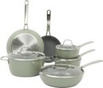 Sur La Table Kitchen Essentials Cool Commune Hard Anodized 10 Piece PFA Free Ceramic Non stick Interior Forged Durable Aluminum Pots and Pans Cookware Set - Green - Induction Compatible - Image 2
