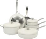 Sur La Table Kitchen Essentials Potluck Porch 10 Piece PFA Free Ceramic Non stick Interior Forged Aluminum Cookware Pots and Pans Set W/Aluminum Lids - Linen White - Induction Compatible - Image 2