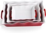 Sweejar Casserole Dishes for Oven, Ceramic Bakeware Set of 3, Rectangular Baking dish with Handles, Wave Edge Lasagna Pan Deep for Cooking, Cake, Dinner, Banquet and Daily Use (Red) - Image 2