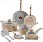 T-Fal Refresh Ceramic Nonstick Cookware Set, 12-Piece, Oven Safe to 350°F, Includes Stockpot, Griddle, Frying Pans, Utensils, Ceramic Pots and Pans Set, Sand Beige - Image 2