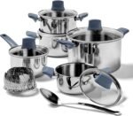 T-fal Essentials Stainless Steel Cookware Set 12 Piece, Induction Compatible, Oven Safe 350F, Cooking Set w/Stewpots, Stockpot, Saucepan, Lids & Tools, Measuring Marks, Dishwasher Safe, Silver/Blue - Image 2