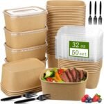 TINSKY 50 Pack 32 Oz Large Paper Bowls with Lids and Forks, Cardboard Take Out To Go Meal Prep Containers Disposable Compostable Food Containers for Party - Image 2