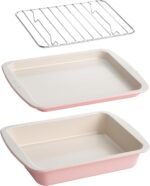 Tasty Nonstick Toaster Oven Baking Set Includes Cake Pan, Oven Tray, Rack, Carbon Steel Bakeware, 3-Piece Set, Pink - Image 2