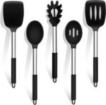 TeamFar Cooking Utensils Set, 5 PCS Silicone Kitchen Utensils with Stainless Steel Handle, for Nonstick Cookware Flipping Frying Turning Draining, Heatproof & Healthy, Nonstick & Easy Clean, Black - Image 2