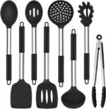 TeamFar Kitchen Utensils Set of 8, Silicone Utensils Kitchen Tools Set with Stainless Steel Handle, for Frying Serving Flipping Draining, Non-toxic & Heatproof, Nonstick & Dishwasher Safe - Black - Image 2