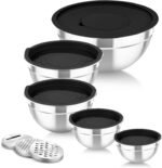 TeamFar Mixing Bowls with Airtight Lids, 5PCS Stainless Steel Metal Salad Bowl with 3 Grater Attachments, for Cooking, Prepping, Serving, Healthy & Easy Clean - 0.7/1/1.5/2.6/4.6QT, Black - Image 2