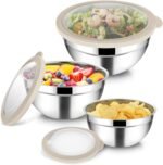 TeamFar Mixing Bowls with Lids, 4.5/3/1.5 QT Stainless Steel Nesting Salad Bowls with Airtight Lids, For Serving/Mixing/Storing/Prepping, Healthy & Sturdy, Visible & Easy Clean, Khaki, Set of 3 - Image 2