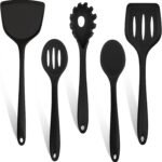TeamFar Silicone Cooking Utensils Set, 5-Piece Heat Resistant Kitchen Utensils Set, Nonstick Slotted Solid Spoon Turner Pasta Server for Frying, Serving, Mixing, Non-Toxic & Dishwasher Safe, Black - Image 2