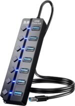 USB 3.0 Hub, 7-Port with Individual On/Off Switches & LED Indicators, 5Gbps High-Speed Data Hub for Laptop, PC, MacBook, Surface Pro, PS5, HDD, Flash Drive (4ft Cable) - Image 2