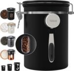 Veken Large Coffee Canister with Window, Rice Kitchen Food Storage Airtight Stainless Steel Container with Lids, Date Tracker and Scoop, Grounds, Beans, Tea, Flour, Cereal, Sugar Jars, 38oz, Black - Image 2
