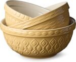 Vintage Farm Stoneware Mixing Bowl Set, 3-Piece, Includes 2 Qt, 3 Qt & 4.25 Qt Bowls, Embossed Patterns in Golden-Honey Finish, Durable & Nesting Design, Perfect for Mixing, Baking & Serving - Image 2