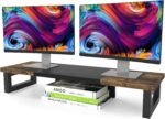 WESTREE Dual Monitor Stand Riser, Wood and Steel Multi-Purpose Desktop Storage Stand for 2 Monitors for Computer, Laptop, Printer, TV, Rustic Brown - Image 2